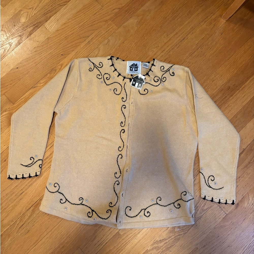 Storybook Knits Tan and Black Embroidered Cardigan